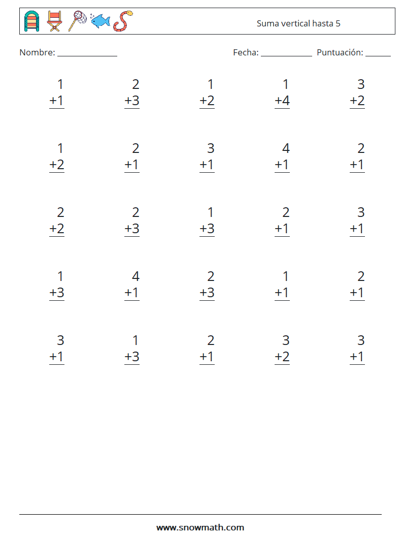 (25) Suma vertical hasta 5 Hojas de trabajo de matemáticas 6