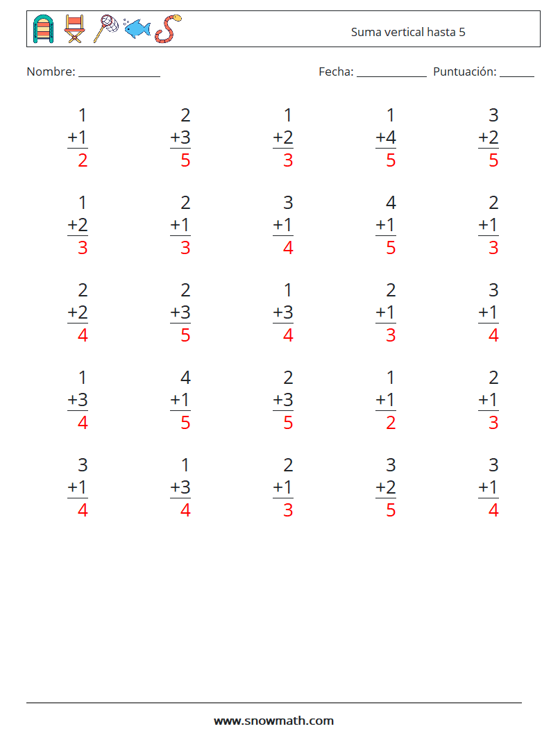 (25) Suma vertical hasta 5 Hojas de trabajo de matemáticas 6 Pregunta, respuesta