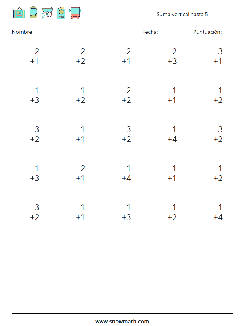 (25) Suma vertical hasta 5 Hojas de trabajo de matemáticas 7