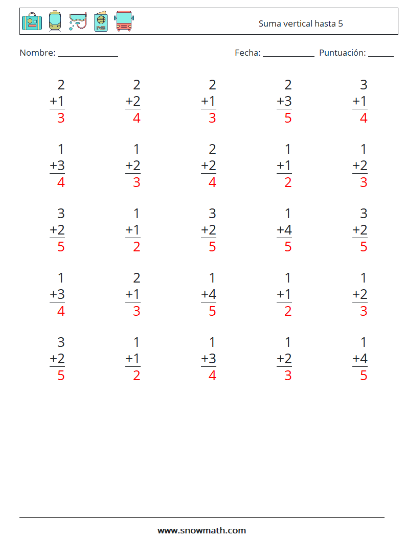 (25) Suma vertical hasta 5 Hojas de trabajo de matemáticas 7 Pregunta, respuesta