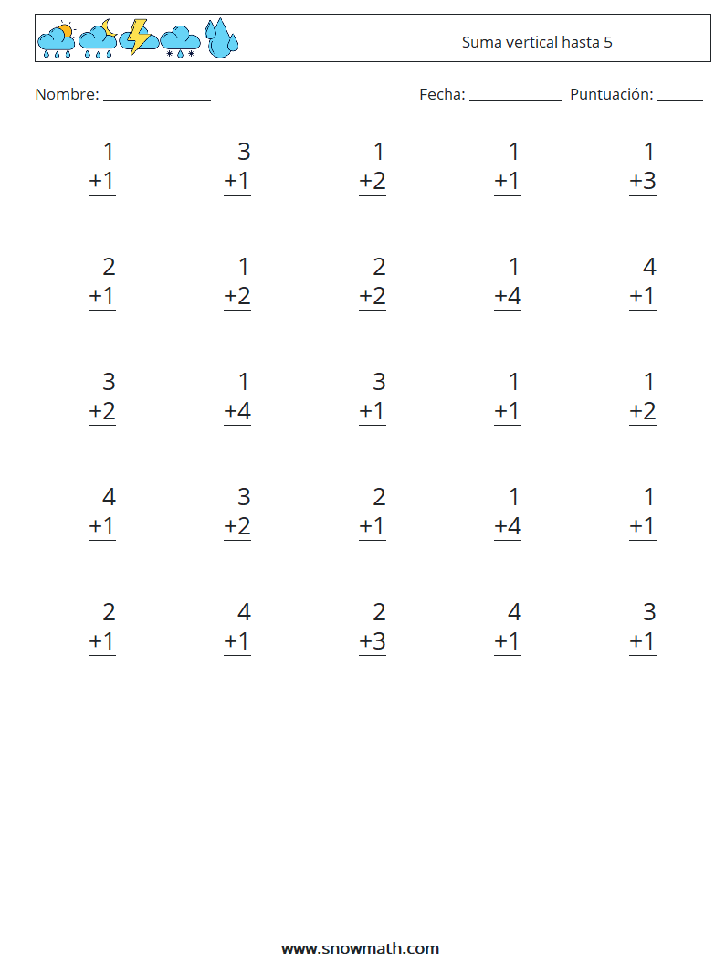 (25) Suma vertical hasta 5 Hojas de trabajo de matemáticas 8