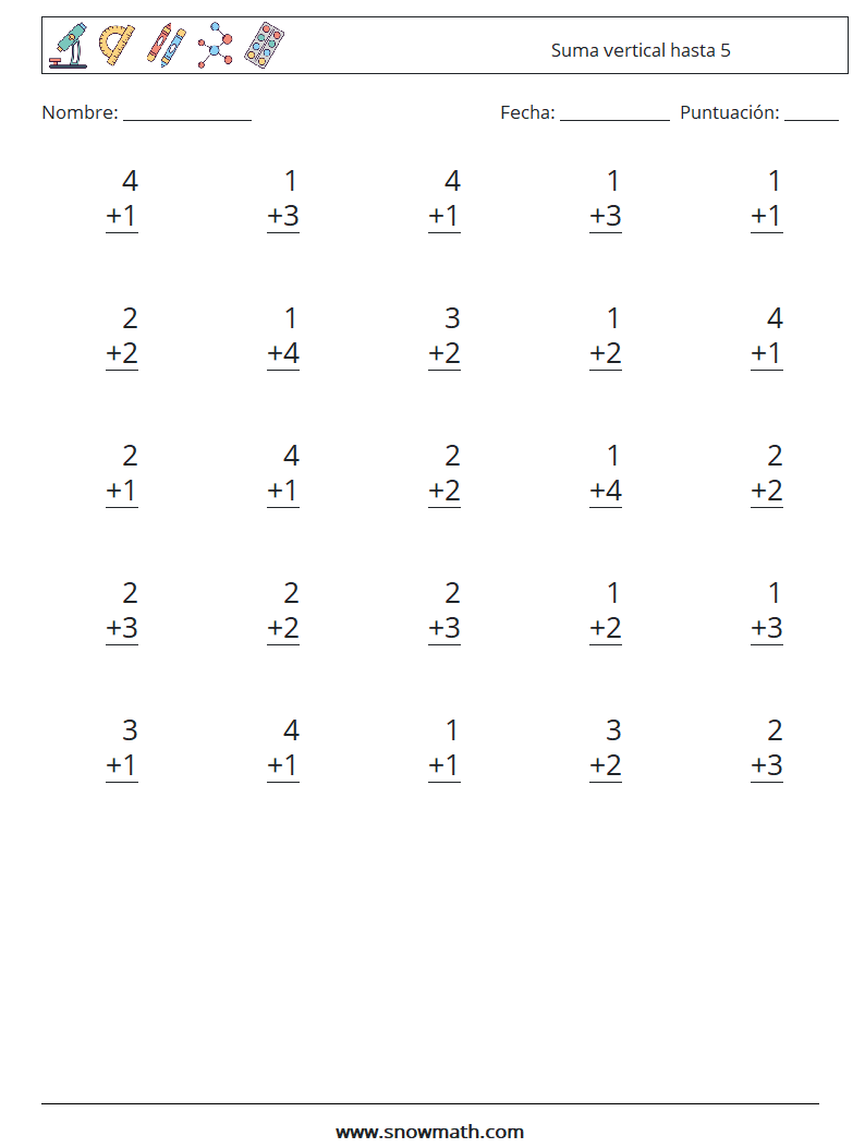 (25) Suma vertical hasta 5 Hojas de trabajo de matemáticas 9