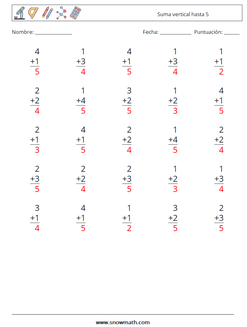 (25) Suma vertical hasta 5 Hojas de trabajo de matemáticas 9 Pregunta, respuesta