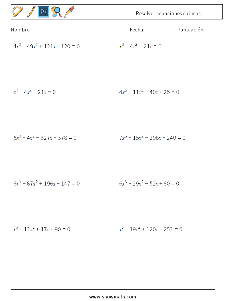 Resolver ecuaciones cúbicas Hojas de trabajo de matemáticas 1