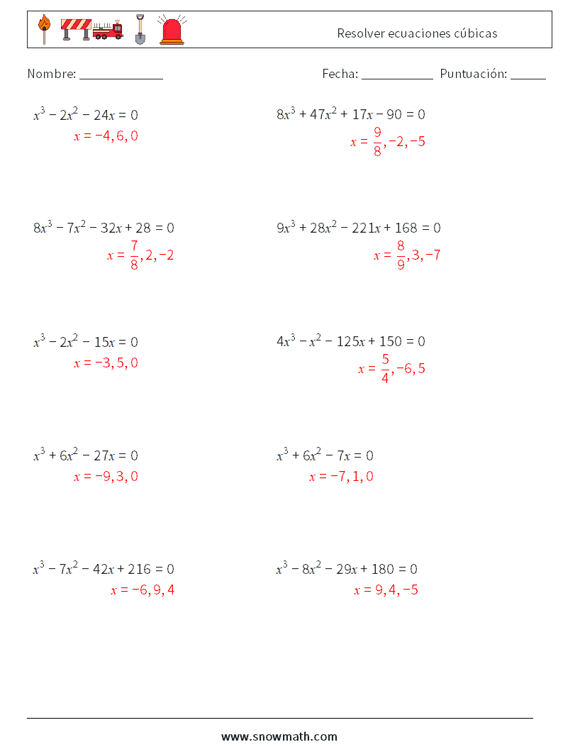 Resolver ecuaciones cúbicas Hojas de trabajo de matemáticas 2 Pregunta, respuesta