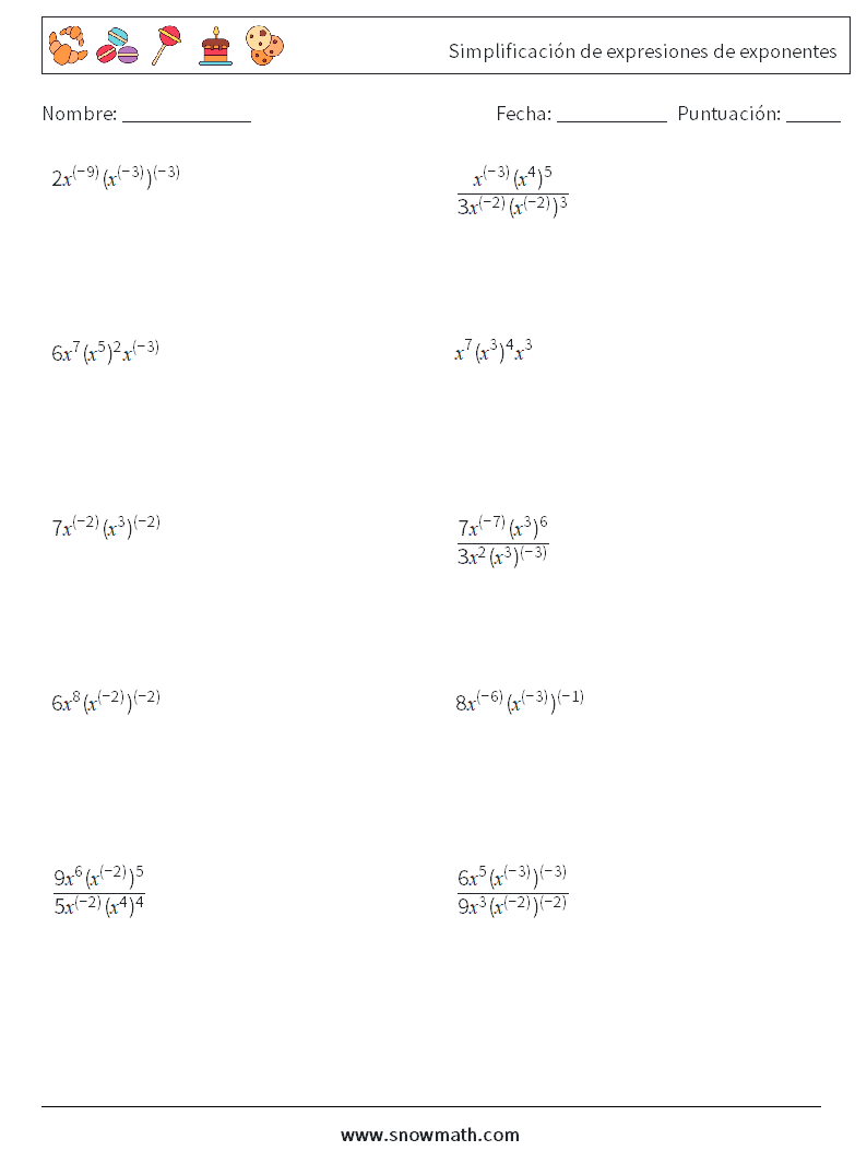  Simplificación de expresiones de exponentes Hojas de trabajo de matemáticas 1