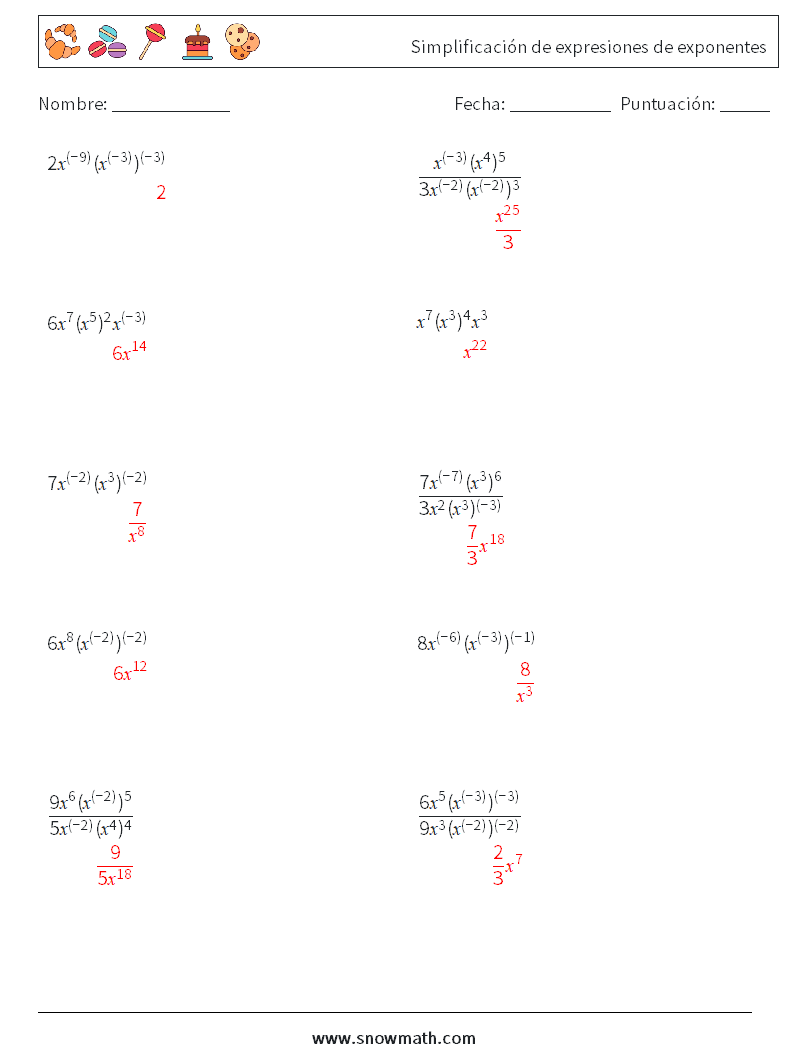  Simplificación de expresiones de exponentes Hojas de trabajo de matemáticas 1 Pregunta, respuesta