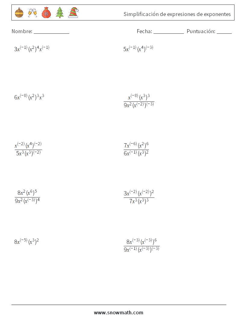  Simplificación de expresiones de exponentes Hojas de trabajo de matemáticas 2
