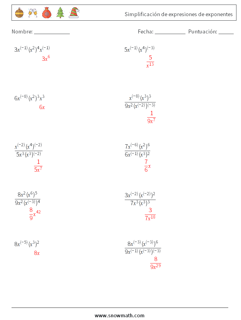  Simplificación de expresiones de exponentes Hojas de trabajo de matemáticas 2 Pregunta, respuesta