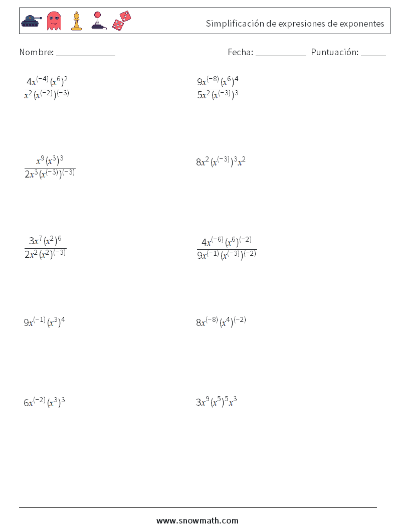  Simplificación de expresiones de exponentes Hojas de trabajo de matemáticas 3