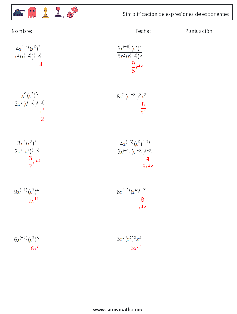  Simplificación de expresiones de exponentes Hojas de trabajo de matemáticas 3 Pregunta, respuesta