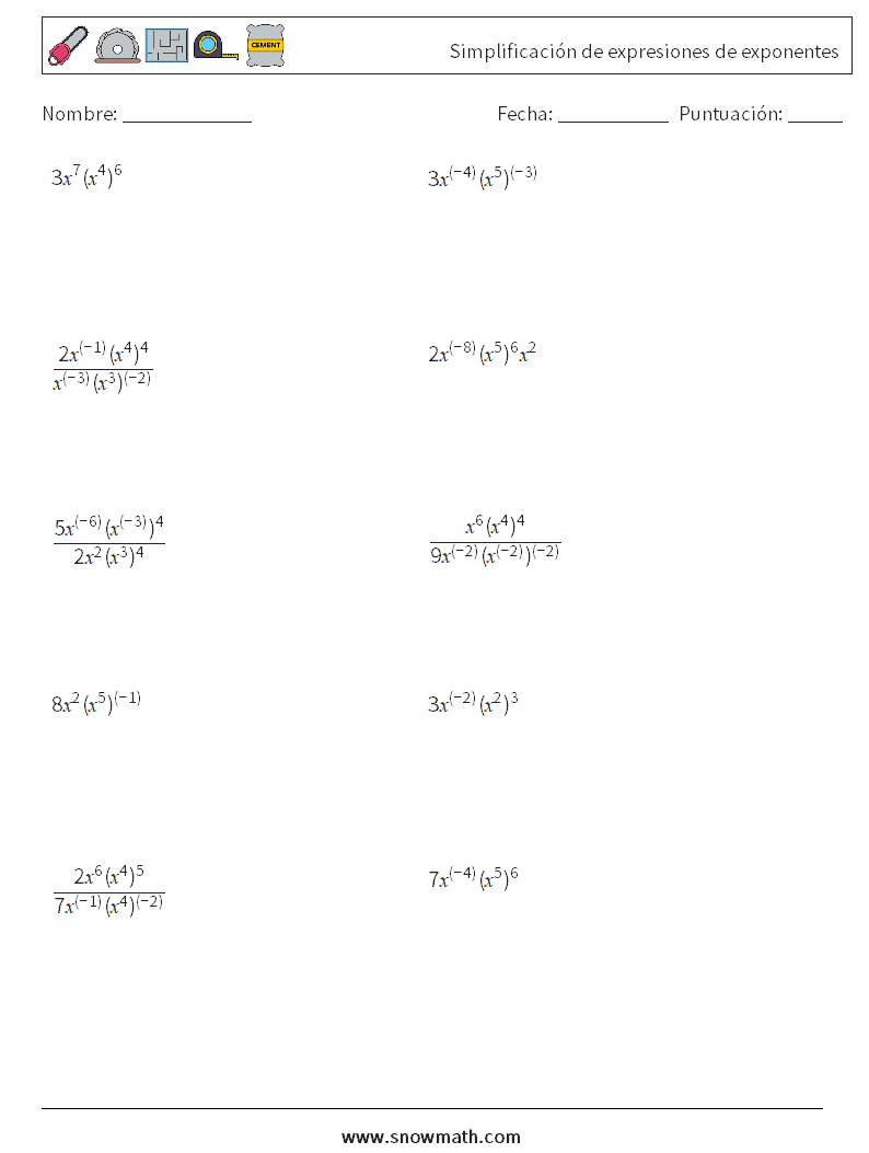  Simplificación de expresiones de exponentes Hojas de trabajo de matemáticas 4