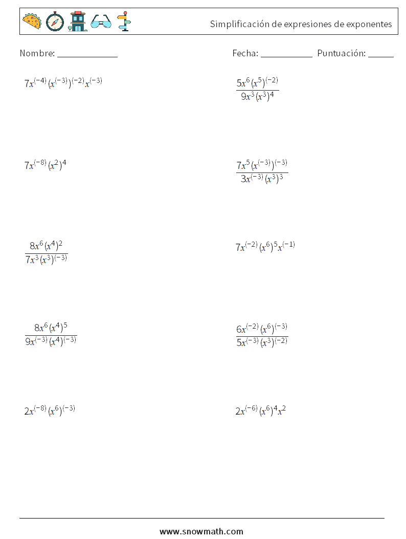  Simplificación de expresiones de exponentes Hojas de trabajo de matemáticas 5