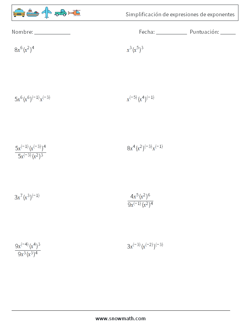  Simplificación de expresiones de exponentes Hojas de trabajo de matemáticas 6