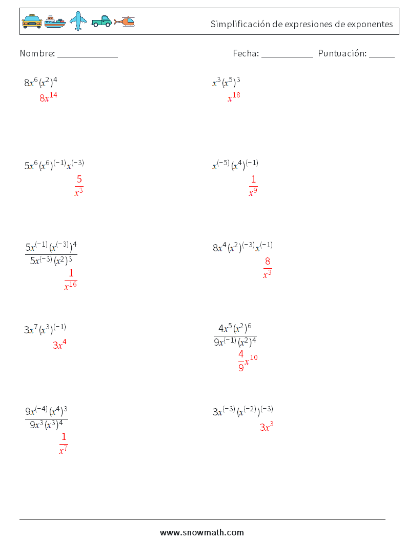  Simplificación de expresiones de exponentes Hojas de trabajo de matemáticas 6 Pregunta, respuesta