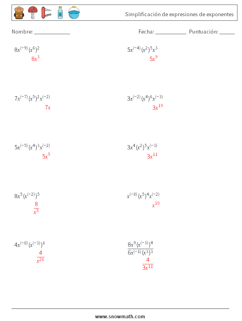  Simplificación de expresiones de exponentes Hojas de trabajo de matemáticas 7 Pregunta, respuesta