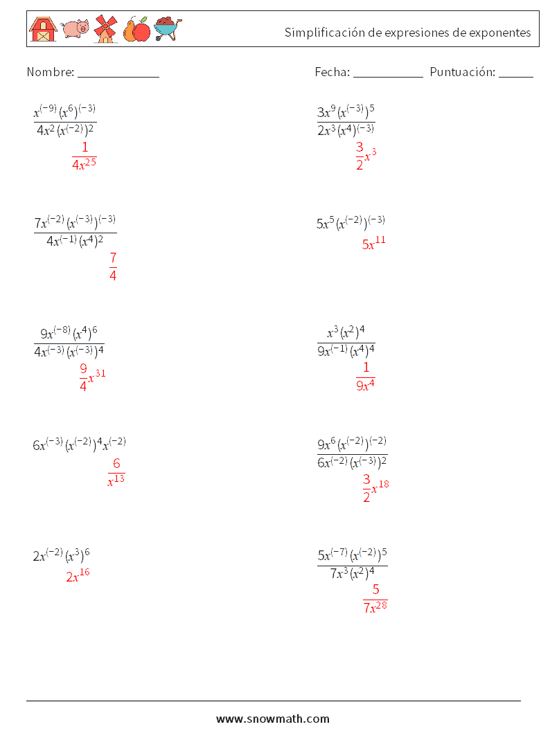  Simplificación de expresiones de exponentes Hojas de trabajo de matemáticas 9 Pregunta, respuesta