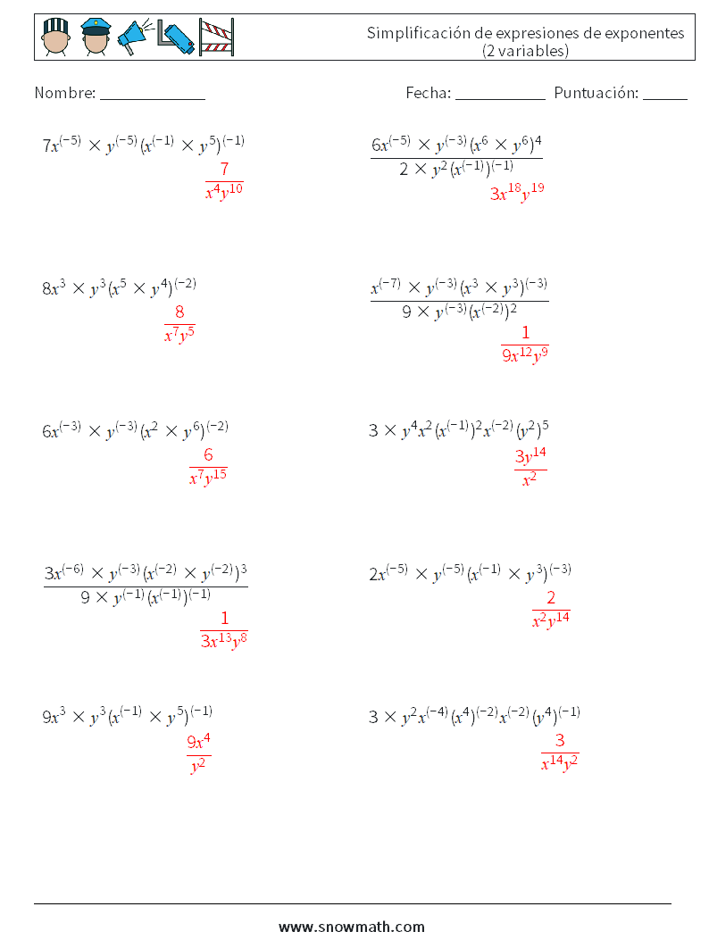 Simplificación de expresiones de exponentes (2 variables) Hojas de trabajo de matemáticas 1 Pregunta, respuesta