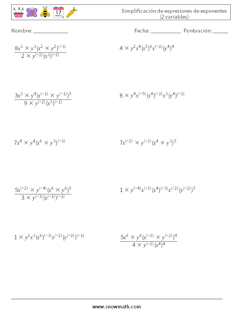  Simplificación de expresiones de exponentes (2 variables) Hojas de trabajo de matemáticas 2