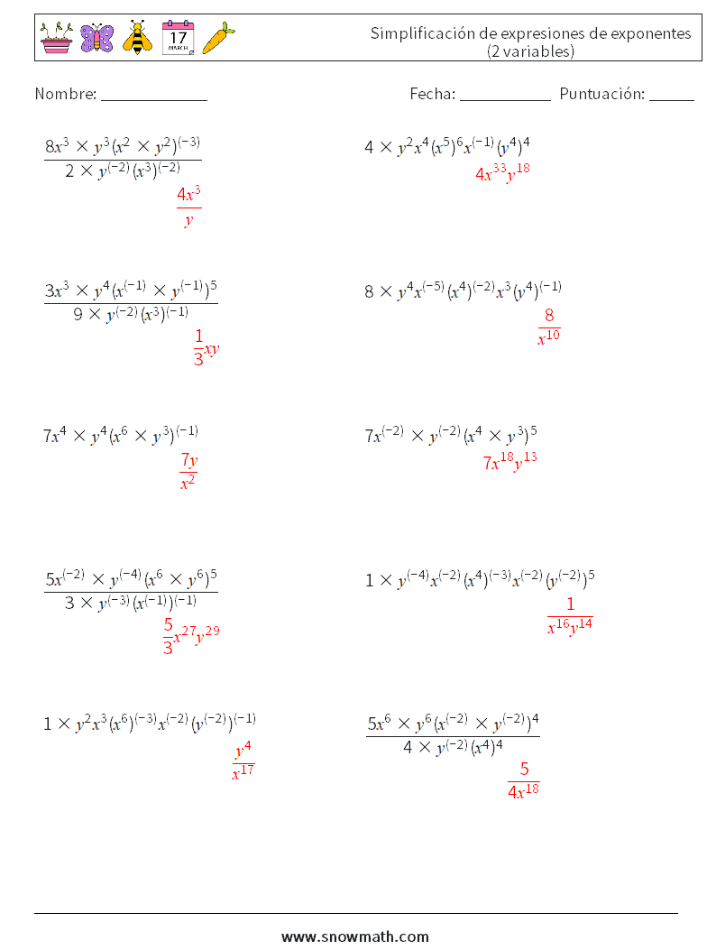  Simplificación de expresiones de exponentes (2 variables) Hojas de trabajo de matemáticas 2 Pregunta, respuesta