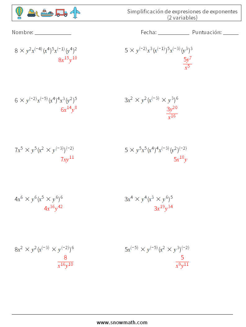  Simplificación de expresiones de exponentes (2 variables) Hojas de trabajo de matemáticas 3 Pregunta, respuesta