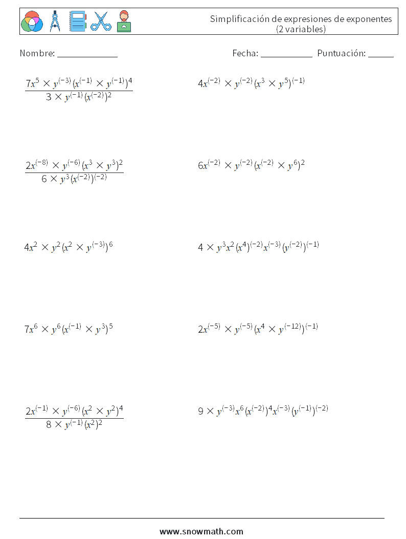  Simplificación de expresiones de exponentes (2 variables) Hojas de trabajo de matemáticas 4