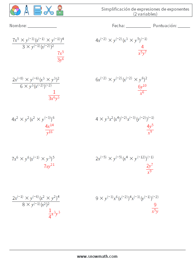  Simplificación de expresiones de exponentes (2 variables) Hojas de trabajo de matemáticas 4 Pregunta, respuesta