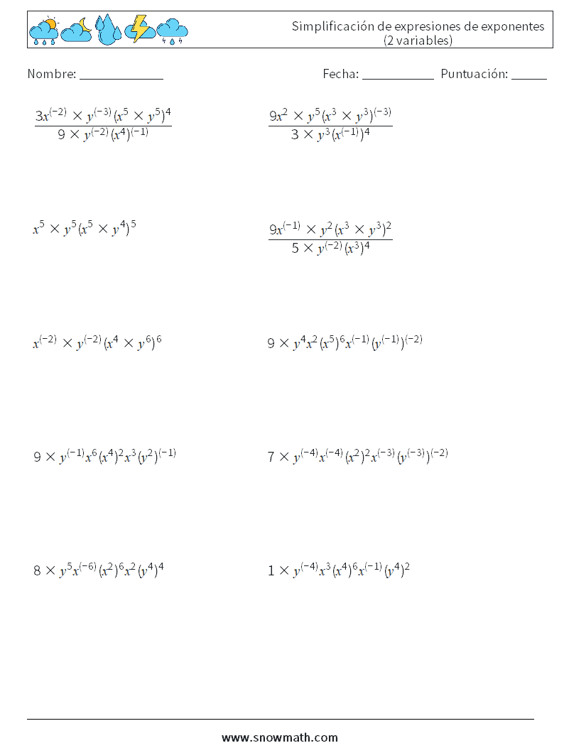  Simplificación de expresiones de exponentes (2 variables) Hojas de trabajo de matemáticas 5
