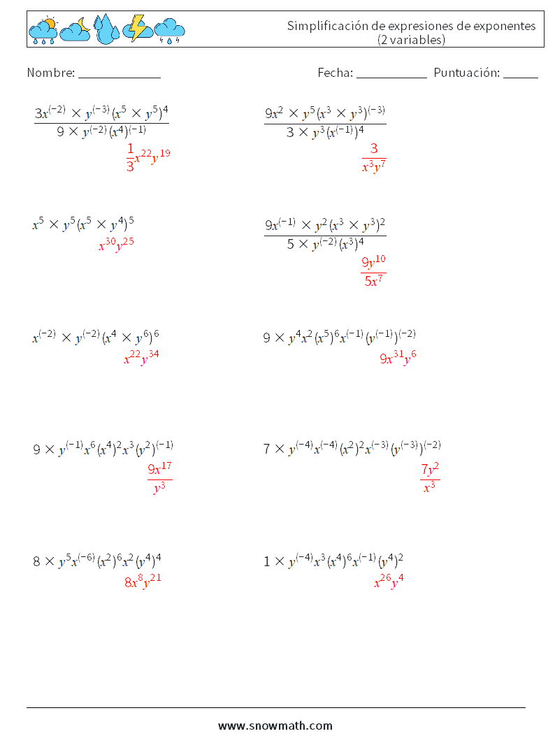  Simplificación de expresiones de exponentes (2 variables) Hojas de trabajo de matemáticas 5 Pregunta, respuesta