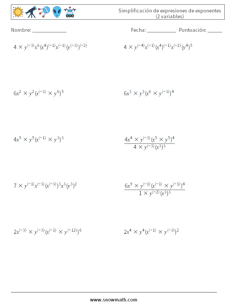  Simplificación de expresiones de exponentes (2 variables) Hojas de trabajo de matemáticas 6