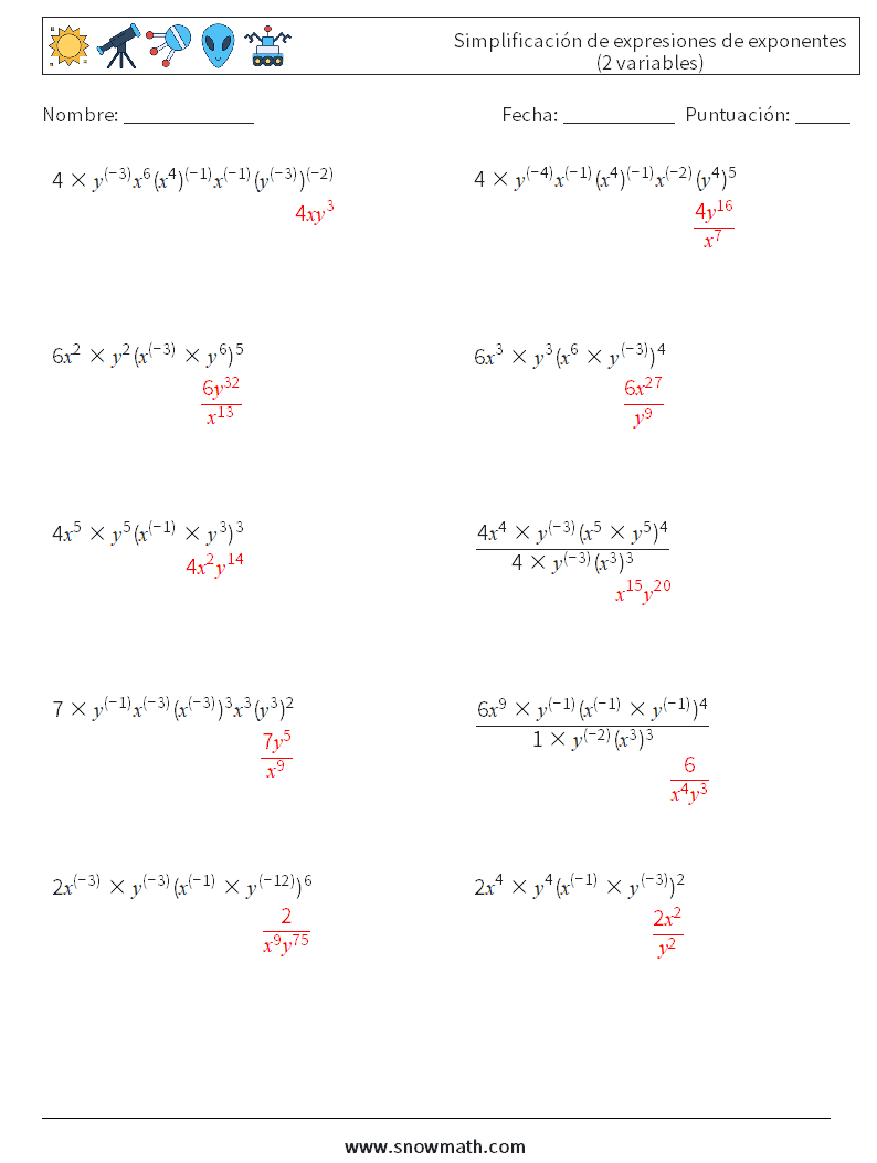  Simplificación de expresiones de exponentes (2 variables) Hojas de trabajo de matemáticas 6 Pregunta, respuesta