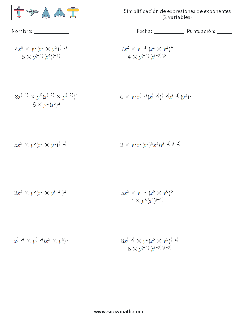  Simplificación de expresiones de exponentes (2 variables) Hojas de trabajo de matemáticas 7