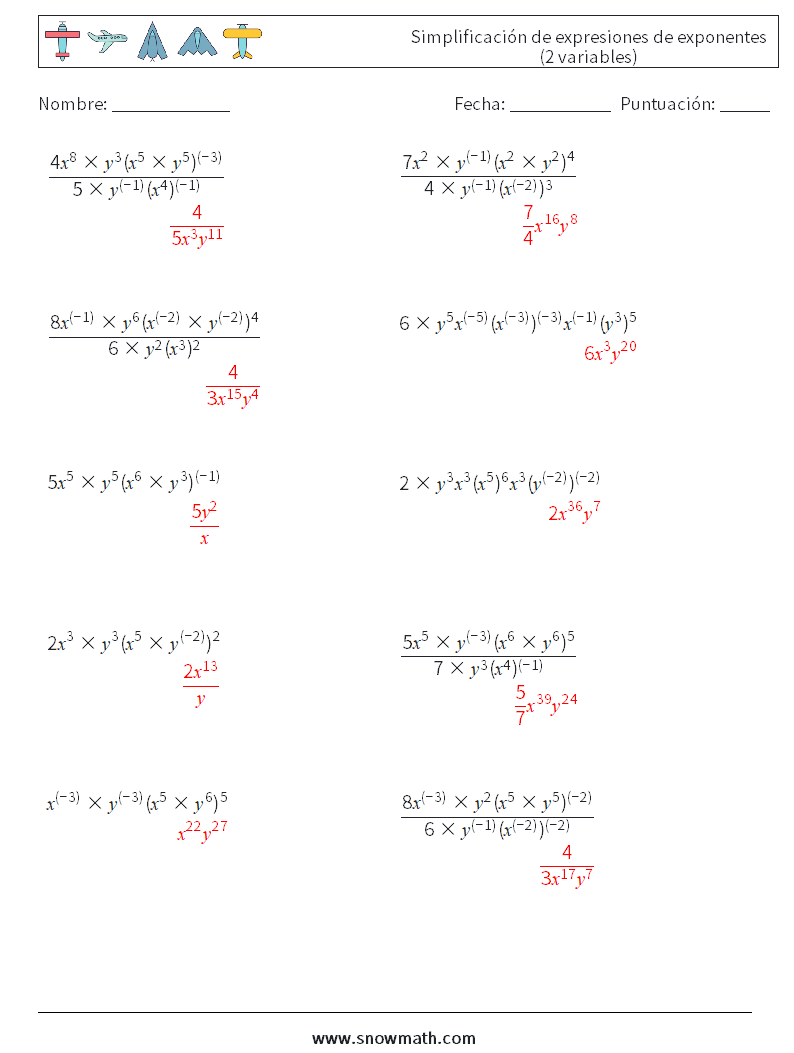  Simplificación de expresiones de exponentes (2 variables) Hojas de trabajo de matemáticas 7 Pregunta, respuesta
