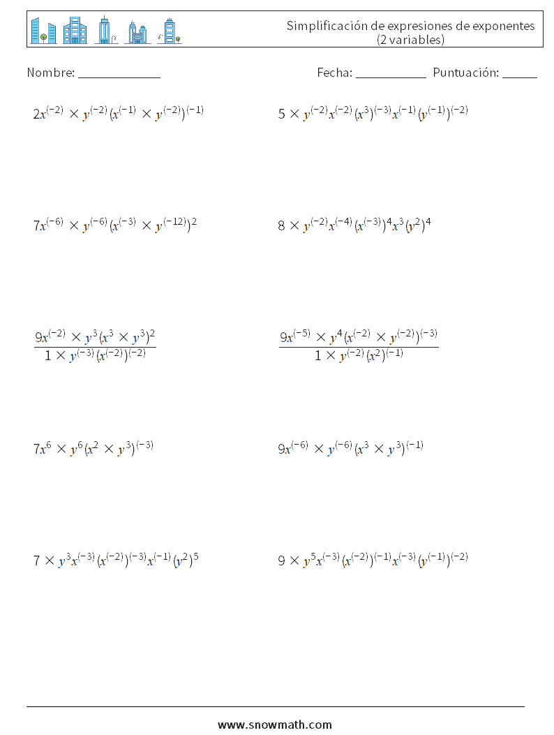  Simplificación de expresiones de exponentes (2 variables) Hojas de trabajo de matemáticas 8