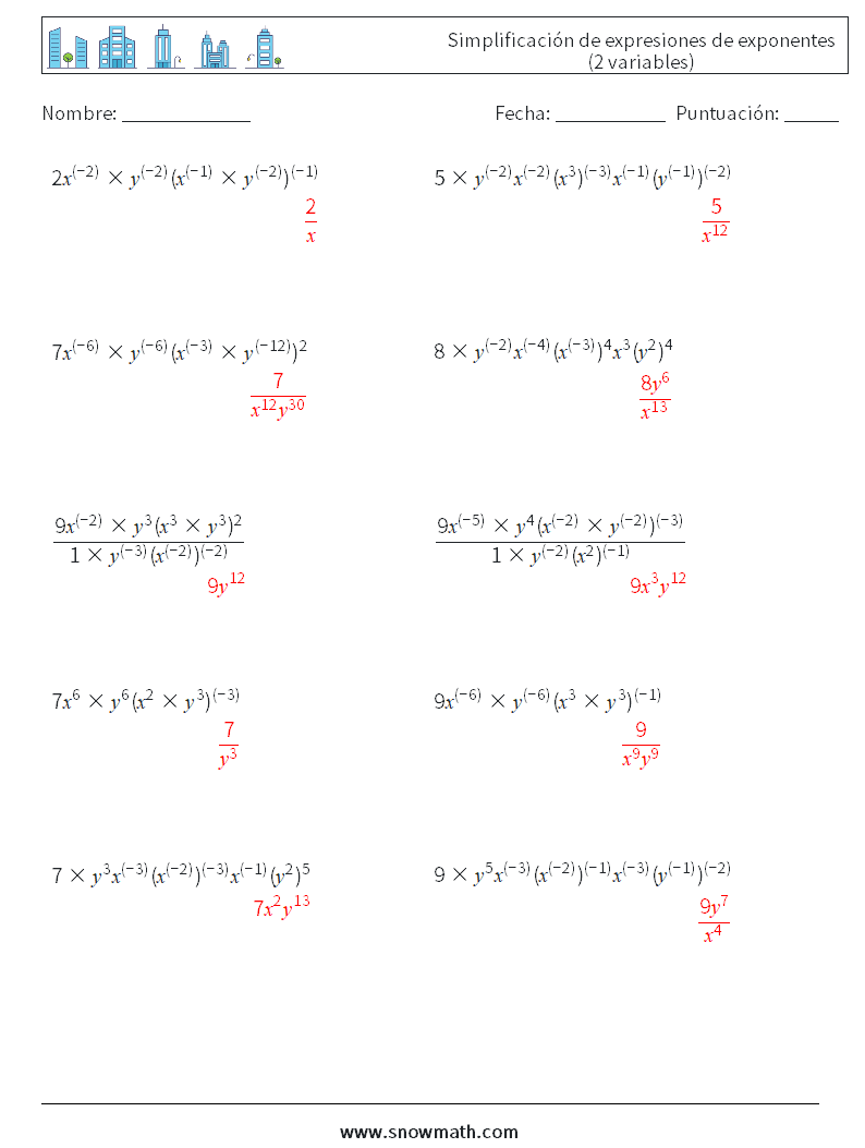 Simplificación de expresiones de exponentes (2 variables) Hojas de trabajo de matemáticas 8 Pregunta, respuesta