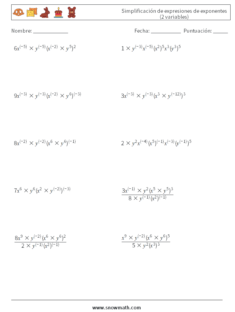  Simplificación de expresiones de exponentes (2 variables) Hojas de trabajo de matemáticas 9