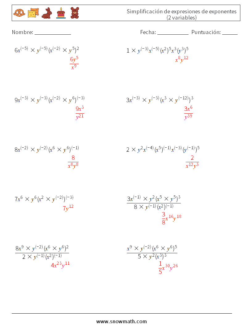  Simplificación de expresiones de exponentes (2 variables) Hojas de trabajo de matemáticas 9 Pregunta, respuesta