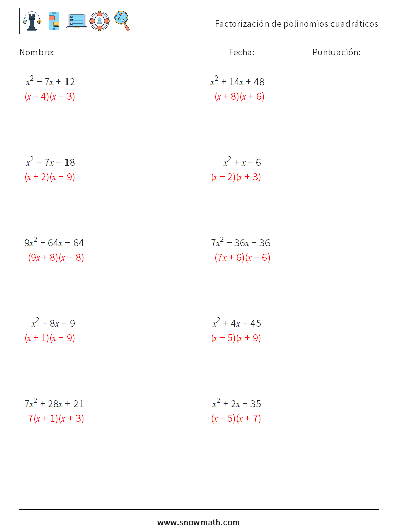 Factorización de polinomios cuadráticos Hojas de trabajo de matemáticas 1 Pregunta, respuesta