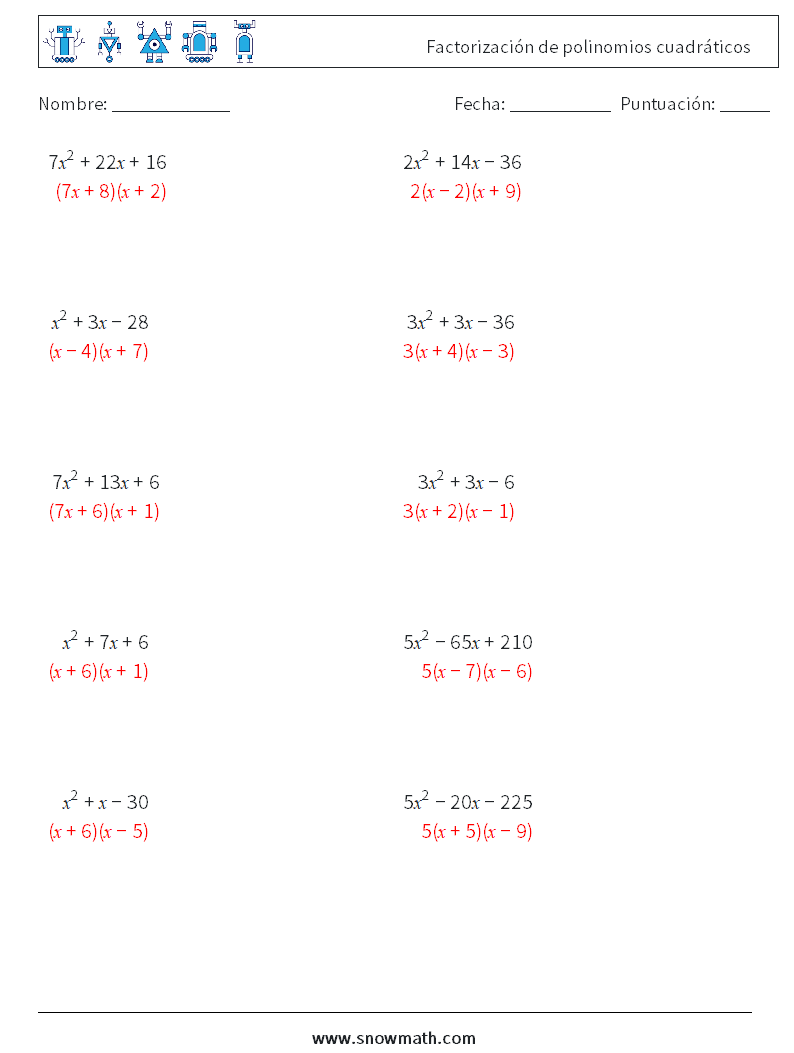 Factorización de polinomios cuadráticos Hojas de trabajo de matemáticas 2 Pregunta, respuesta