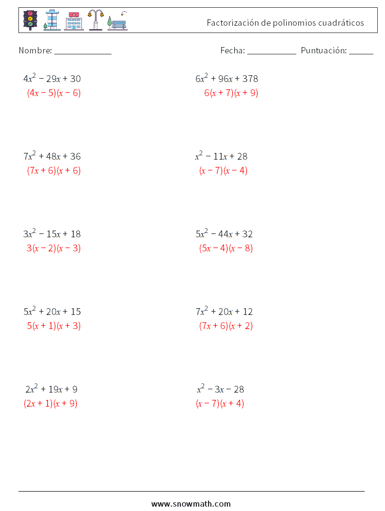 Factorización de polinomios cuadráticos Hojas de trabajo de matemáticas 3 Pregunta, respuesta