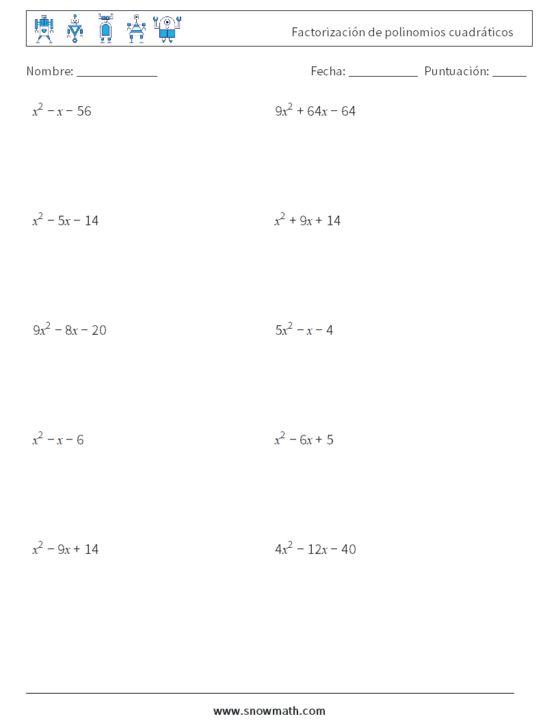 Factorización de polinomios cuadráticos Hojas de trabajo de matemáticas 4