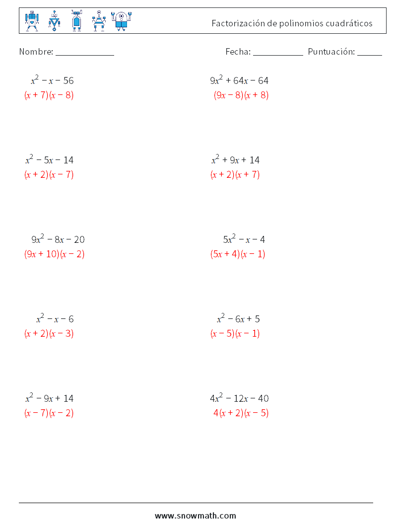 Factorización de polinomios cuadráticos Hojas de trabajo de matemáticas 4 Pregunta, respuesta