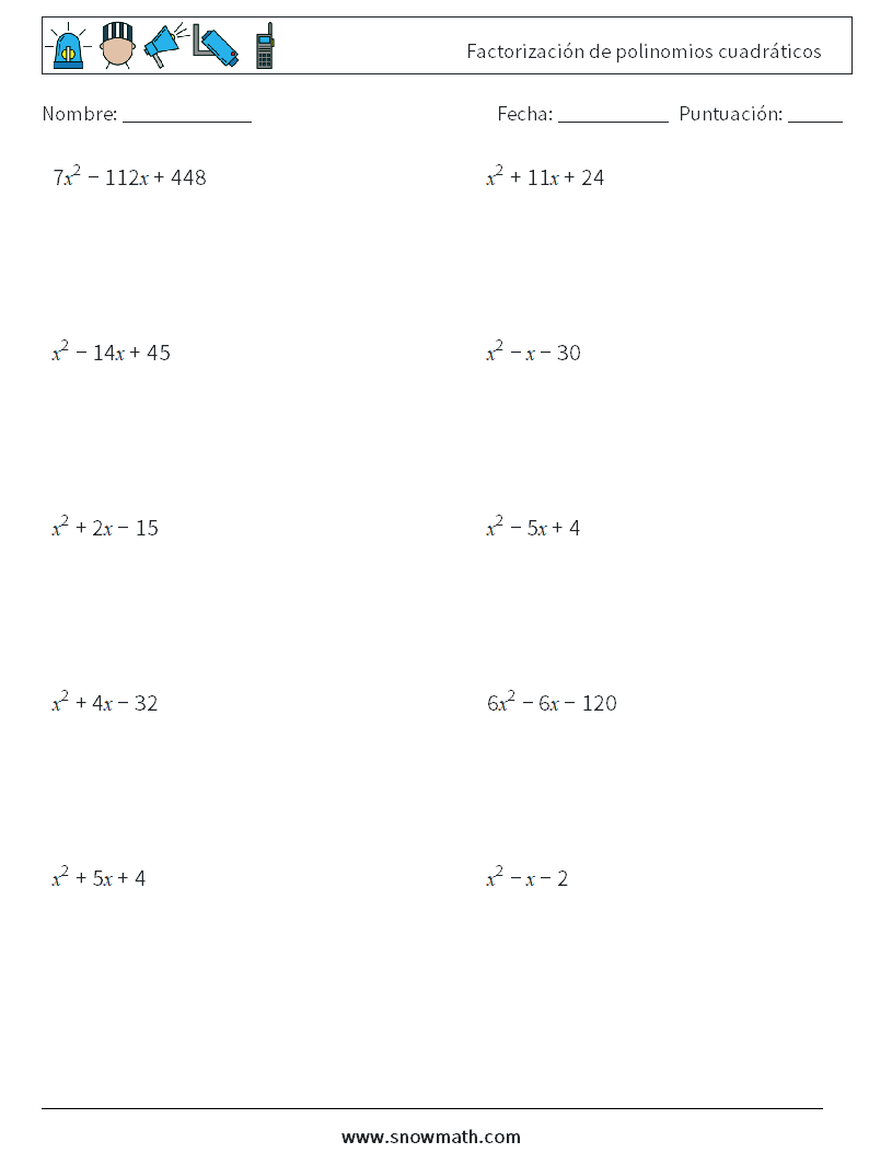 Factorización de polinomios cuadráticos Hojas de trabajo de matemáticas 5