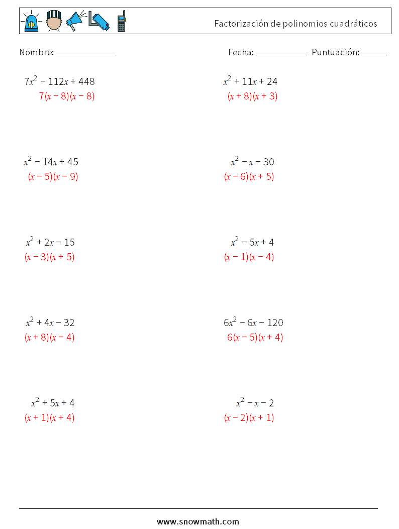 Factorización de polinomios cuadráticos Hojas de trabajo de matemáticas 5 Pregunta, respuesta