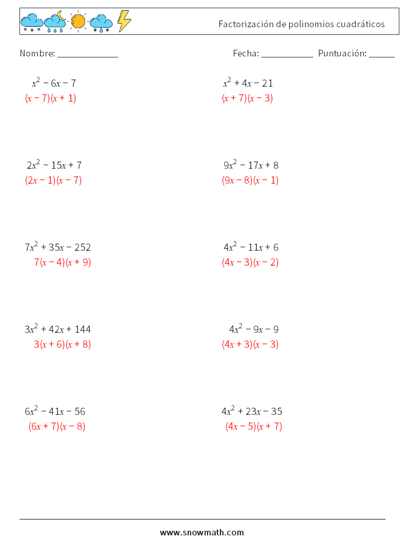 Factorización de polinomios cuadráticos Hojas de trabajo de matemáticas 6 Pregunta, respuesta