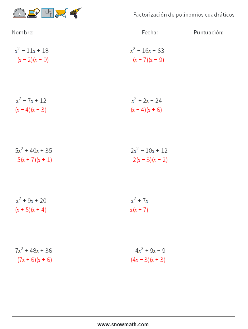 Factorización de polinomios cuadráticos Hojas de trabajo de matemáticas 7 Pregunta, respuesta