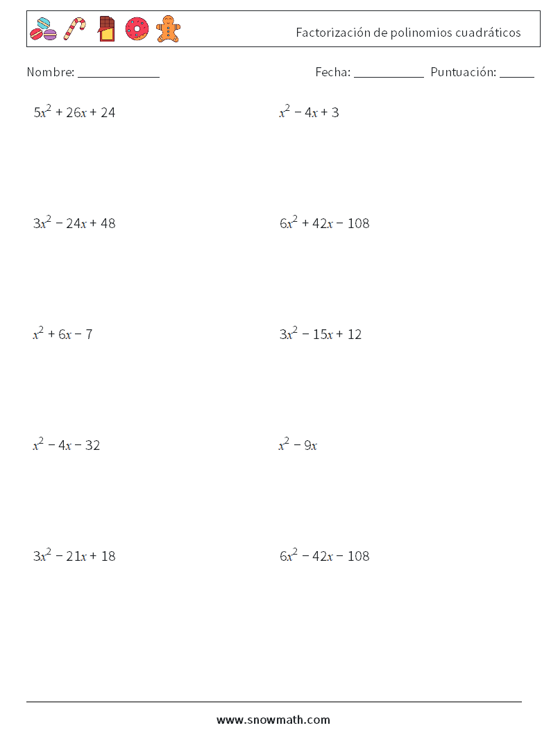 Factorización de polinomios cuadráticos Hojas de trabajo de matemáticas 8