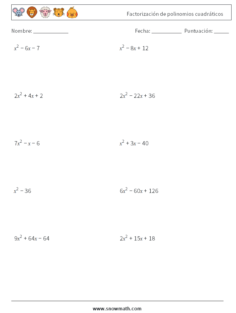 Factorización de polinomios cuadráticos Hojas de trabajo de matemáticas 9