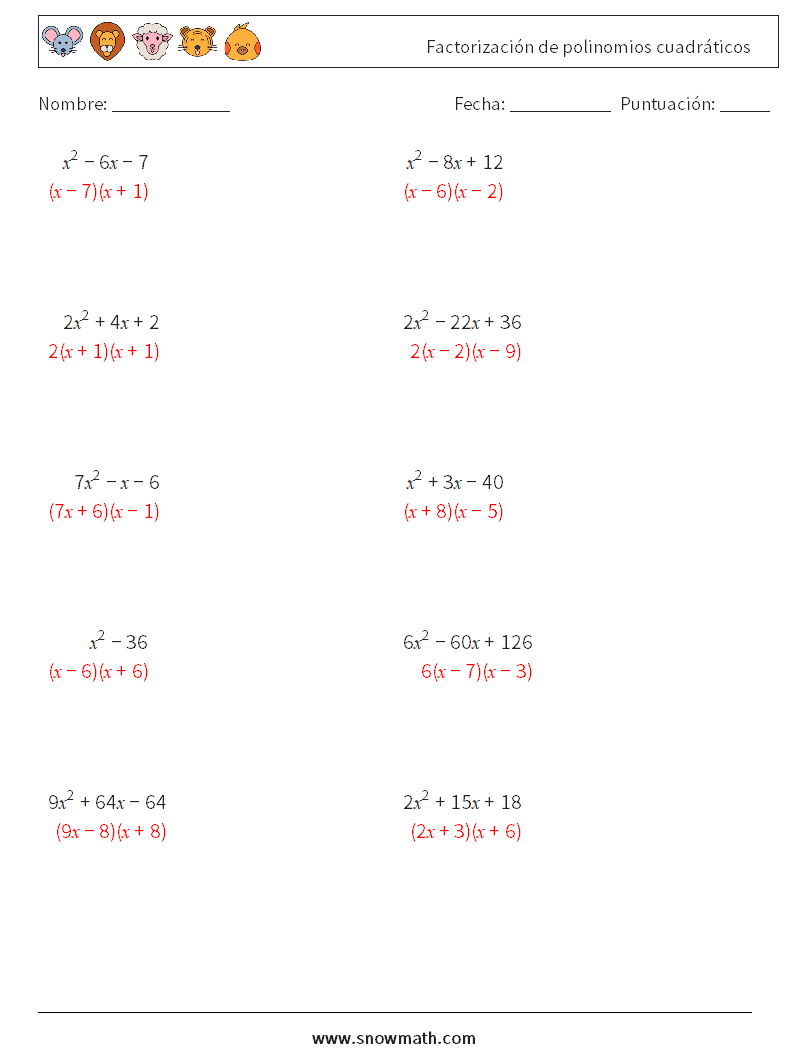 Factorización de polinomios cuadráticos Hojas de trabajo de matemáticas 9 Pregunta, respuesta