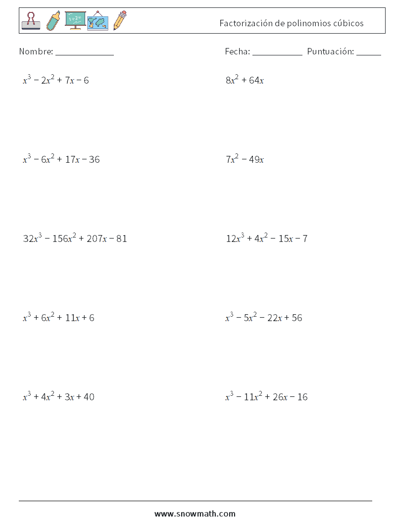 Factorización de polinomios cúbicos Hojas de trabajo de matemáticas 1